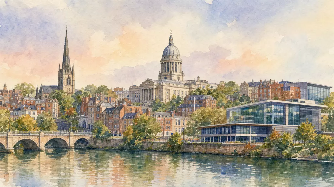 Aquarellmalerei der Stadt Nottingham mit Skyline und modernem Bürogebäude