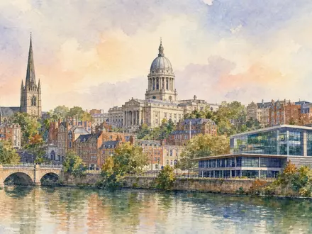Games Workshop Group PLC (ISIN GB0003718474) Firmensitz Nottingham als Aquarellmalerei mit Skyline und Flussufer dargestellt - Foto: THN