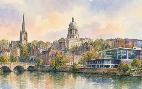 Games Workshop Group PLC (ISIN GB0003718474) Firmensitz Nottingham als Aquarellmalerei mit Skyline und Flussufer dargestellt - Foto: THN