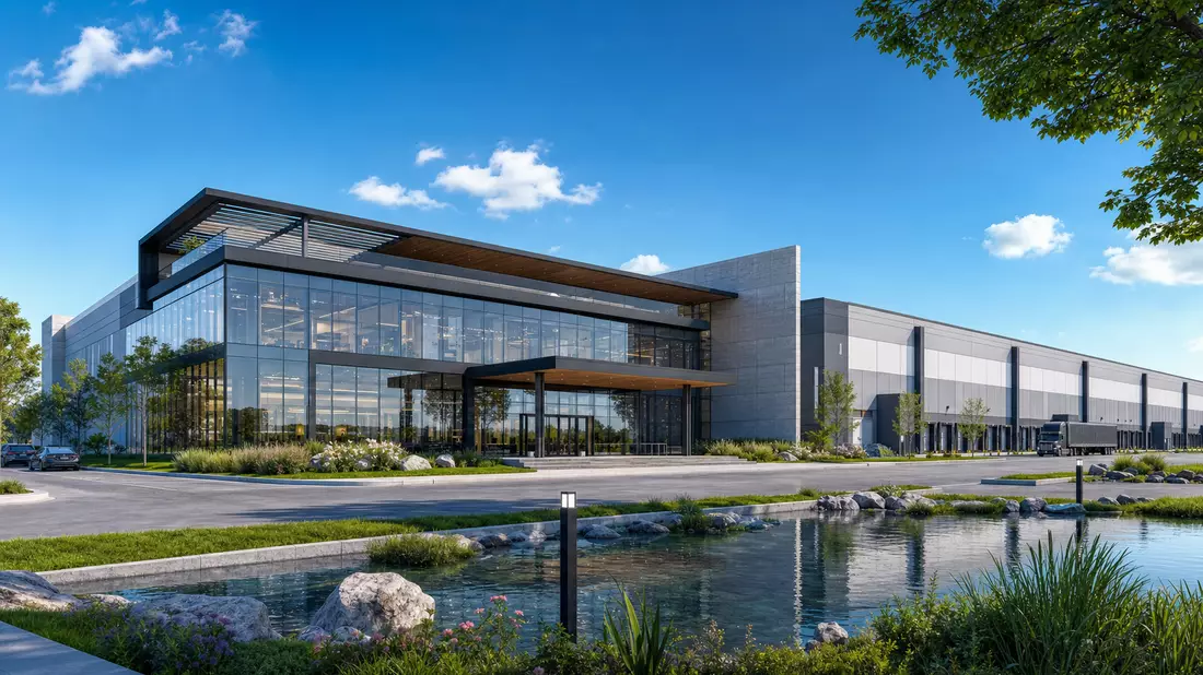 Architektur-Render eines modernen Firmengebäudes mit Glasfassade und Grünflächen