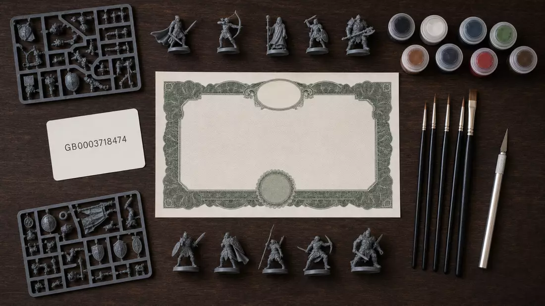 Flatlay-Arrangement mit Zertifikat, ISIN-Karte, Miniaturfiguren und Hobby-Werkzeug