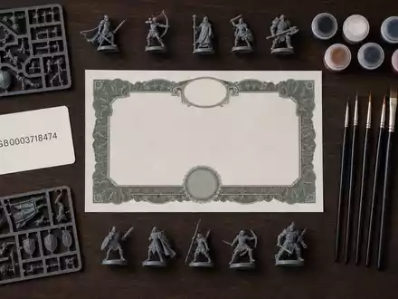 Games Workshop Group PLC (ISIN GB0003718474) Flatlay mit Aktienzertifikat, ISIN-Karte, Miniaturfiguren, Pinseln und Farbtöpfchen arrangiert - Foto: THN