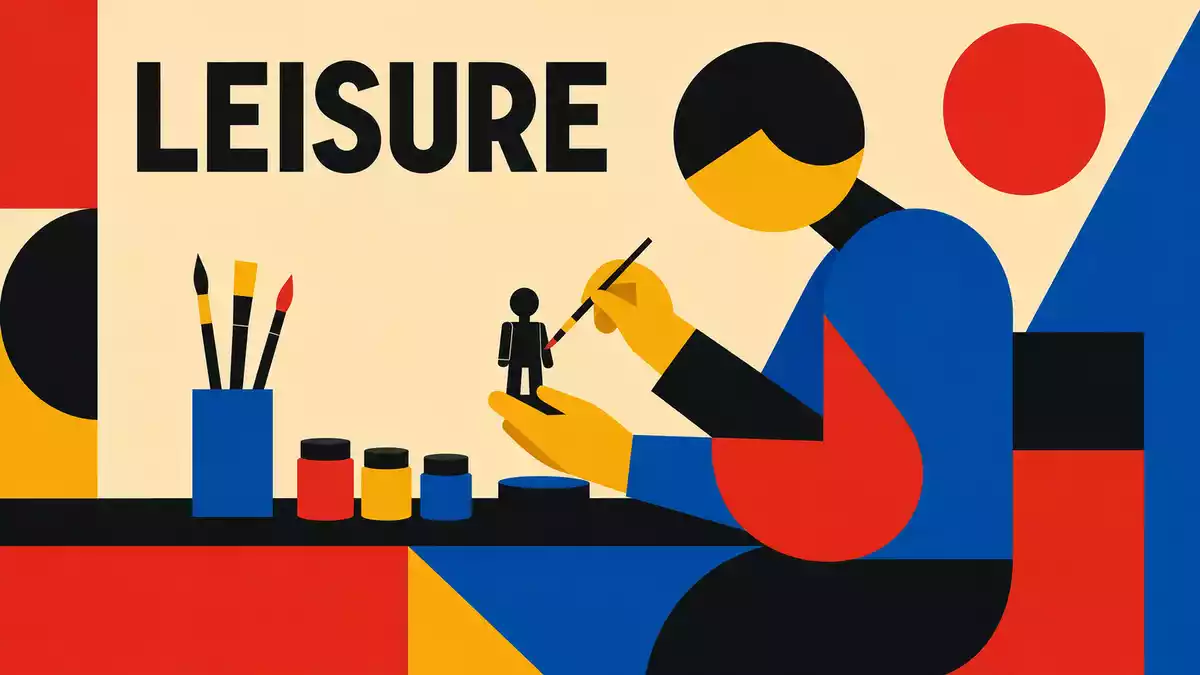 Geometrisches Bauhaus-Poster mit Text LEISURE und abstrakter Hobbymaler-Szene