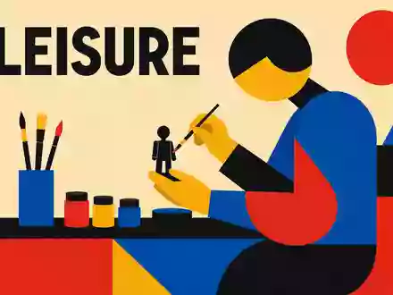 Games Workshop Group PLC (ISIN GB0003718474) geometrisches Bauhaus-Poster mit Sektor-Schriftzug LEISURE und stilisierter Hobbymaler-Figur - Foto: THN