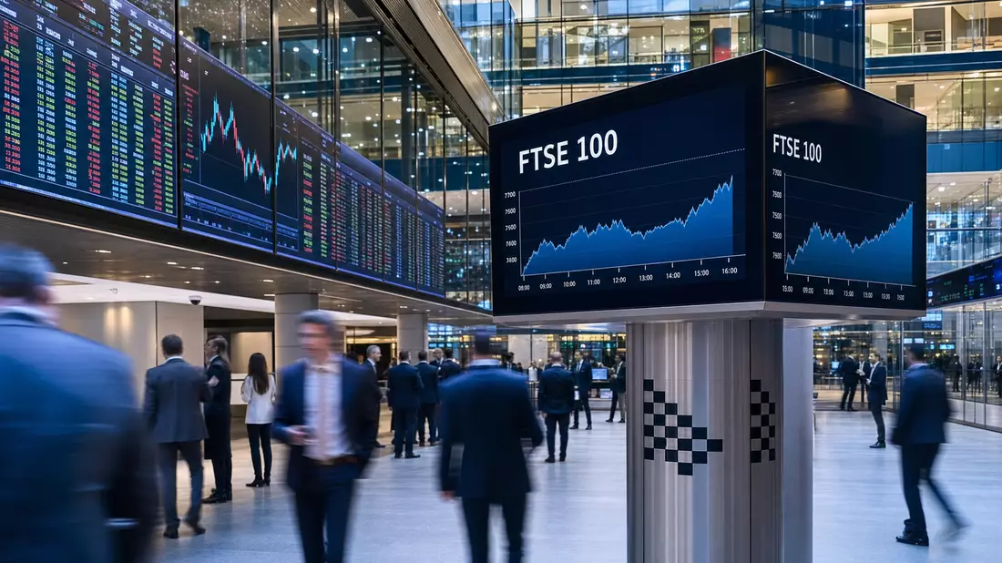 Börsen-Editorial mit FTSE 100 Kurstafeln und Geschäftsleuten in Londoner Börsenhalle
