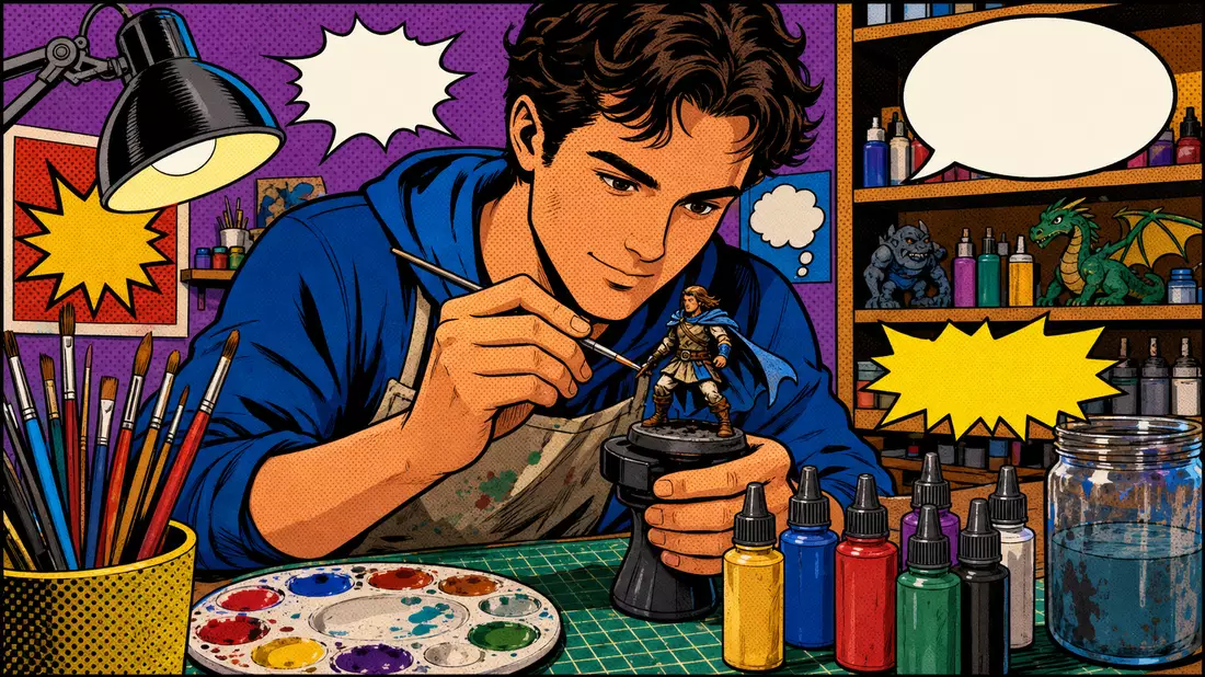 Pop-Art-Comic-Illustration eines Hobbymalers beim Bemalen einer Fantasy-Miniatur