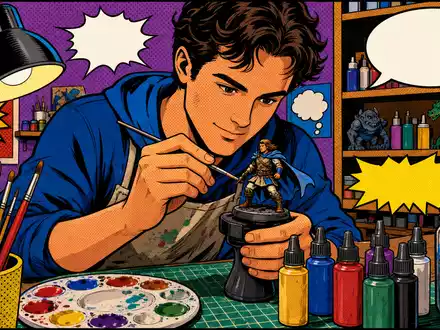 Games Workshop Group PLC (ISIN GB0003718474) farbenfrohe Pop-Art-Comic-Szene eines Hobbymalers mit Fantasy-Figur am Werktisch - Foto: THN