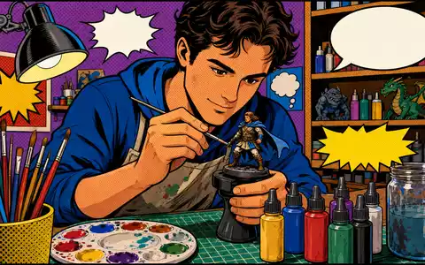Games Workshop Group PLC (ISIN GB0003718474) farbenfrohe Pop-Art-Comic-Szene eines Hobbymalers mit Fantasy-Figur am Werktisch - Foto: THN