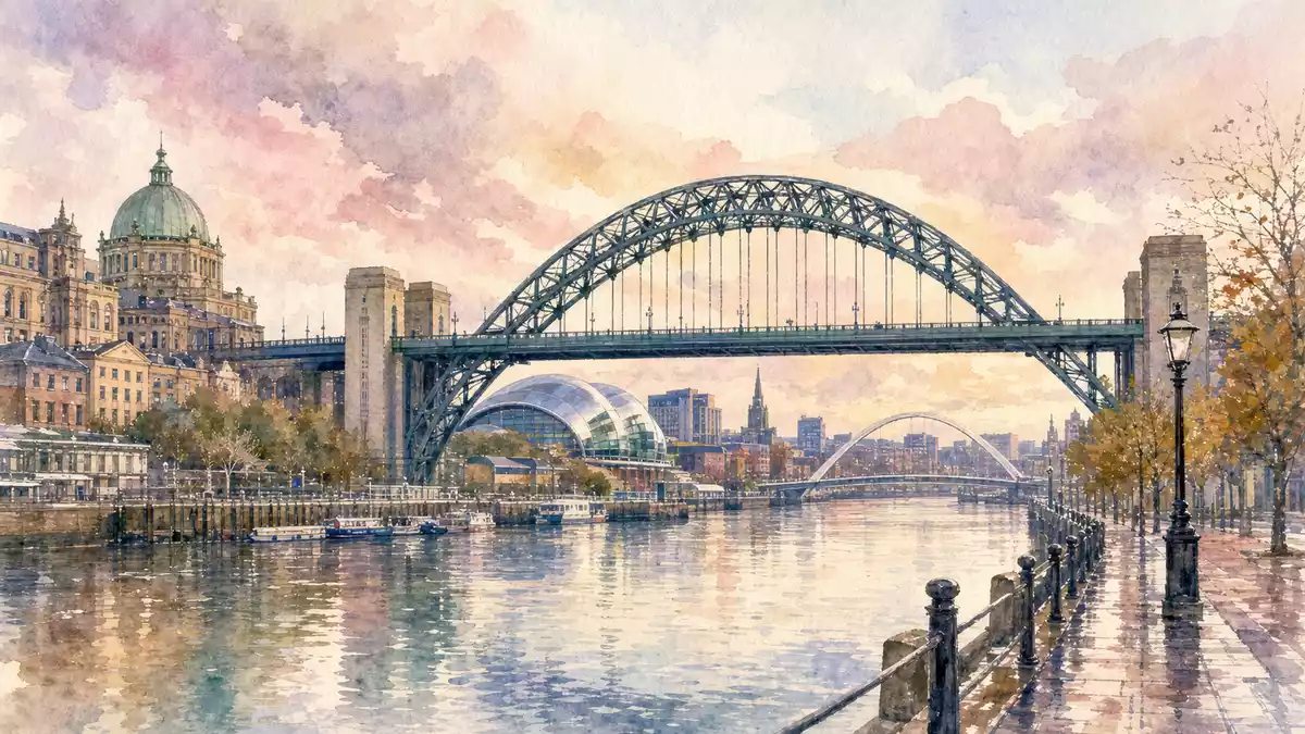 Aquarellbild einer Bogenbrücke über einen Fluss in einer britischen Stadt bei Sonnenuntergang