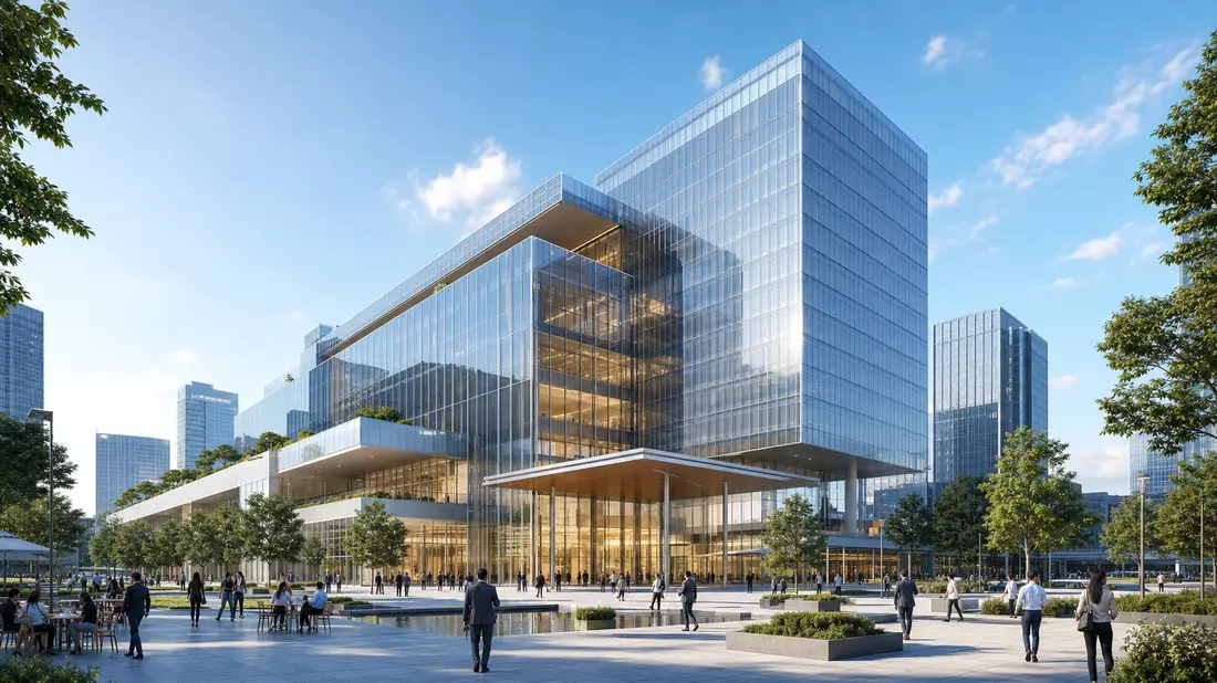 3D-Rendering eines modernen Glasbürogebäudes mit belebtem Vorplatz und Bäumen