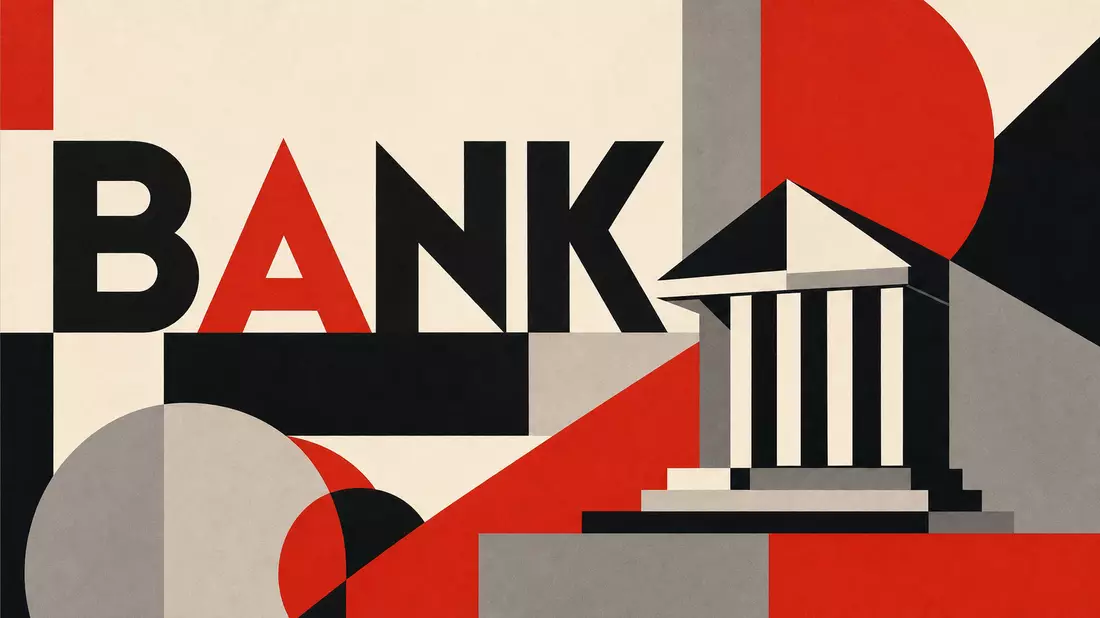 Bauhaus-Grafik mit geometrischen Formen, Säulenbank-Symbol und dem Schriftzug BANK