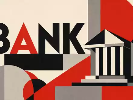 Geometrisches Bauhaus-Poster mit BANK-Schriftzug versinnbildlicht die Branche von Virgin Money UK PLC (ISIN GB00BD6GN030) - Foto: THN