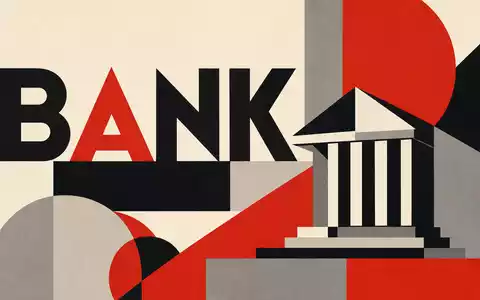 Geometrisches Bauhaus-Poster mit BANK-Schriftzug versinnbildlicht die Branche von Virgin Money UK PLC (ISIN GB00BD6GN030) - Foto: THN