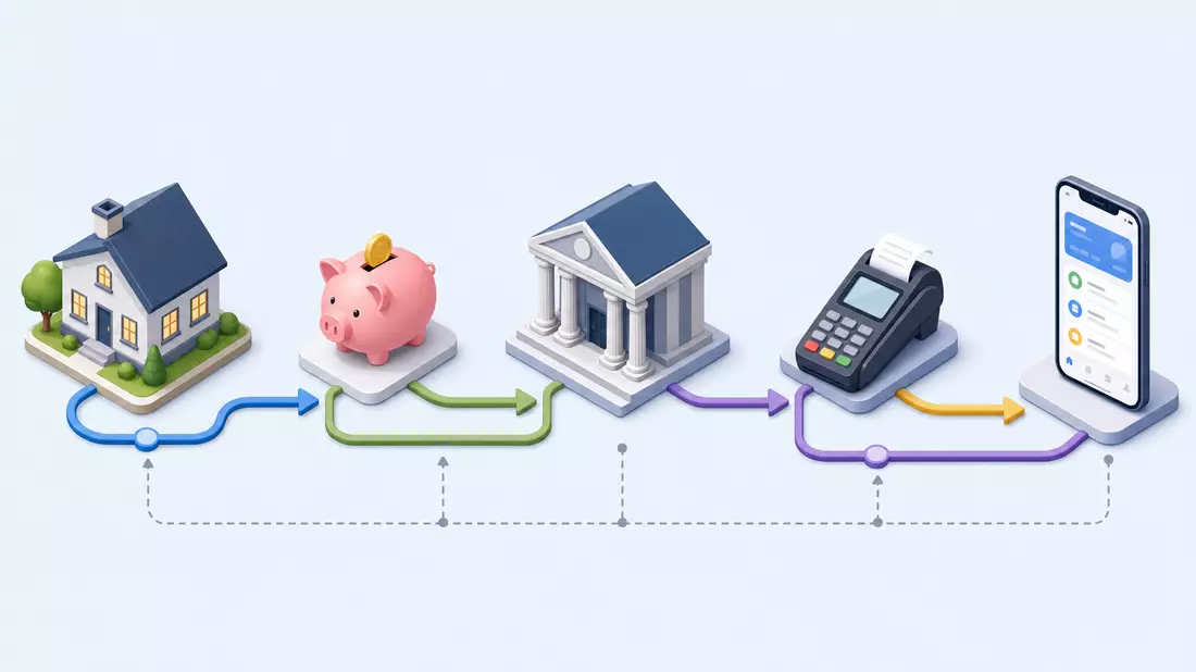 Isometrische Symbole von Haus, Sparschwein, Bankgebäude, Kartenterminal und Smartphone