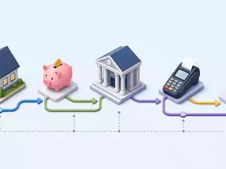 Isometrische 3D-Grafik der Bankwertschöpfungskette veranschaulicht das GeschÀftsmodell von Virgin Money UK PLC (ISIN GB00BD6GN030) verstÀndlich - Foto: THN