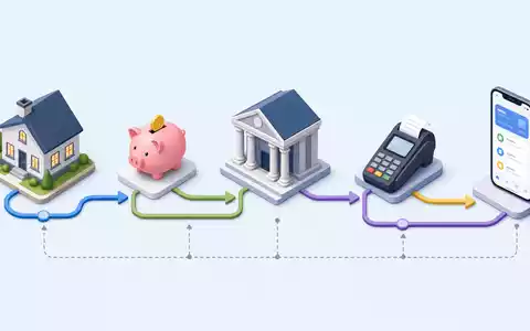 Isometrische 3D-Grafik der Bankwertschöpfungskette veranschaulicht das Geschäftsmodell von Virgin Money UK PLC (ISIN GB00BD6GN030) verständlich - Foto: THN