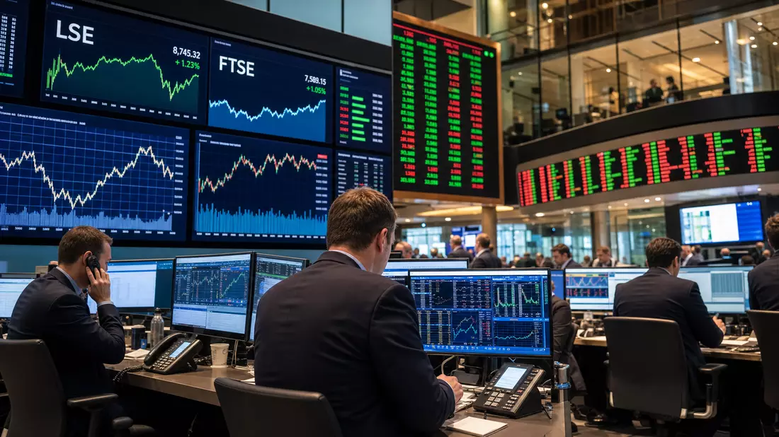 Trading-Floor mit Börsenbildschirmen, Kurscharts und Händlern in Anzügen an Monitoren