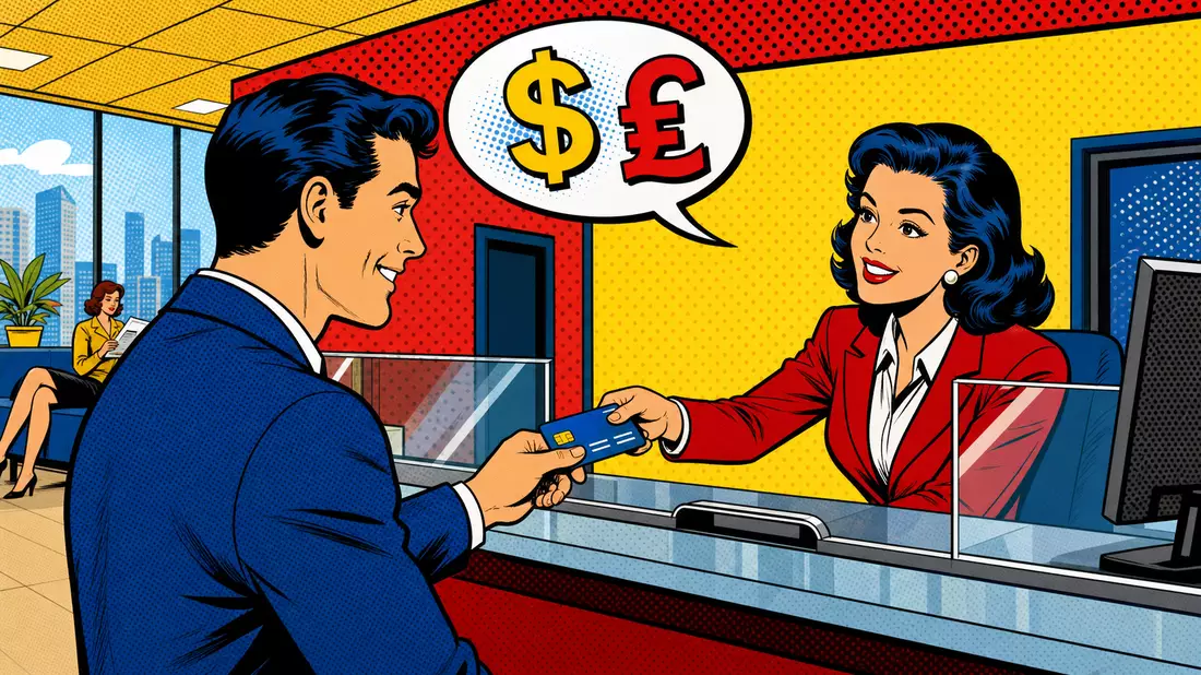 Bunte Comic-Illustration einer Kartenübergabe am Bankschalter im Retro-Pop-Art-Stil