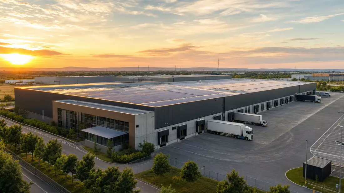 Logistikzentrum mit Solardach bei Sonnenuntergang, WDP N.V. Aktie BE0974310428
