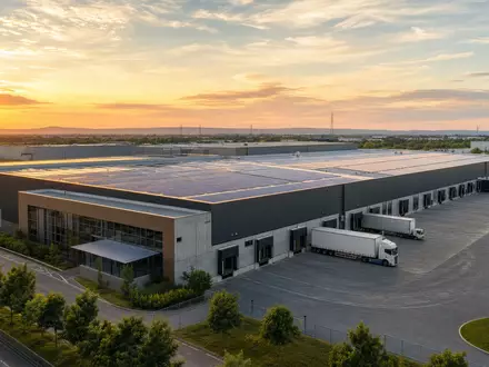 Fotorealistisches Logistikzentrum bei Sonnenuntergang symbolisiert das KerngeschÀft von WDP N.V., Aktie BE0974310428 - Foto: THN