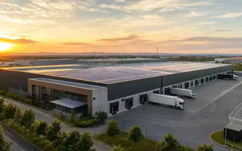 Fotorealistisches Logistikzentrum bei Sonnenuntergang symbolisiert das Kerngeschäft von WDP N.V., Aktie BE0974310428 - Foto: THN