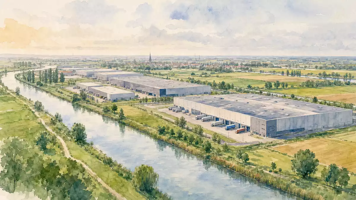 Aquarell einer Logistiklandschaft mit Kanal, WDP N.V. BE0974310428