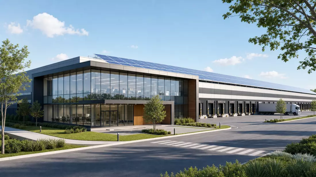 Architektur-Render eines modernen Lagergebäudes mit Solardach, WDP N.V