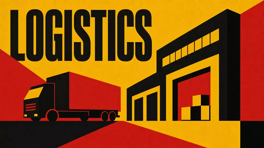 Bauhaus-Poster mit Logistics-Schriftzug und Lagerhalle, WDP N.V