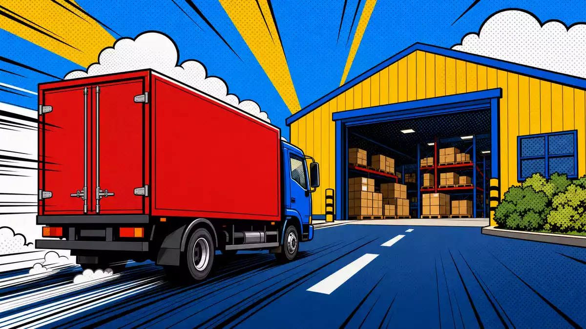 Pop-Art-Comic mit Lieferwagen und Lagerhalle, WDP N.V. BE0974310428