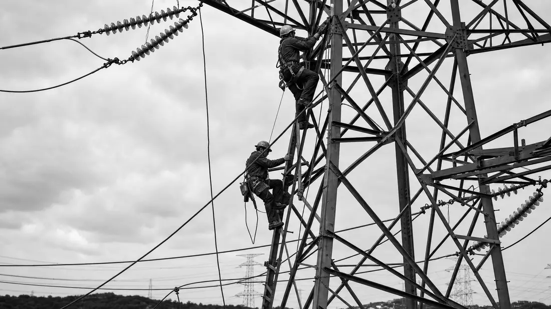 Schwarzweiß-Reportagefoto von Arbeitern an einem Hochspannungsmast