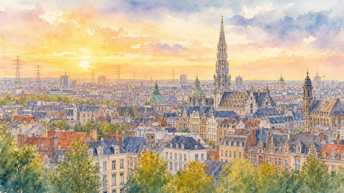 Aquarellmalerei der Brüsseler Skyline mit fernen Strommasten am Horizont