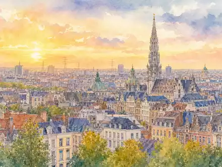 Elia Group S.A., ISIN BE0003822393, symbolisiert durch ein Aquarellbild der Brüsseler Skyline bei Sonnenuntergang - Foto: THN