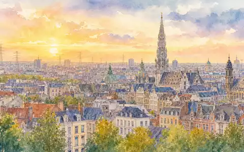 Elia Group S.A., ISIN BE0003822393, symbolisiert durch ein Aquarellbild der Brüsseler Skyline bei Sonnenuntergang - Foto: THN