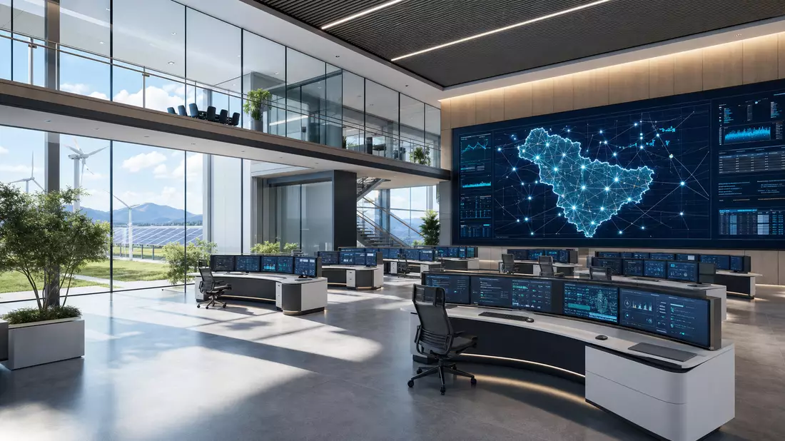 Architektur-Render einer modernen Leitzentrale mit digitaler Netzkarte