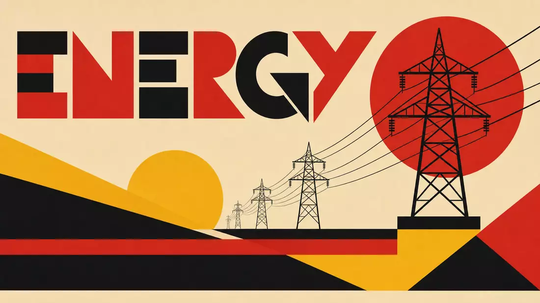 Bauhaus-Poster mit geometrischen Formen, Strommasten und Schriftzug ENERGY
