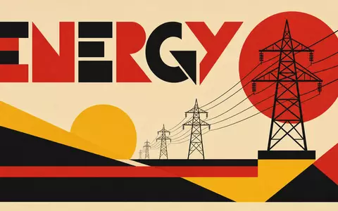 Elia Group S.A., ISIN BE0003822393, als geometrisches Bauhaus-Poster mit Strommasten und dem Schriftzug ENERGY - Foto: THN