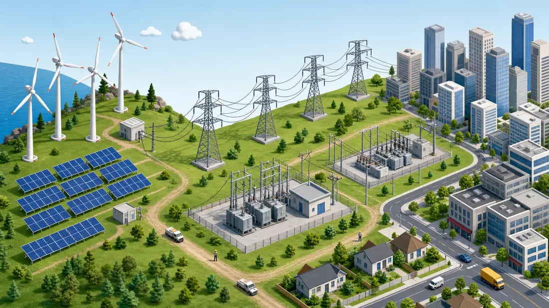 Isometrische 3D-Illustration der Stromversorgungskette von Windkraft bis Stadt