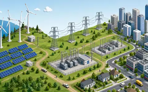 Elia Group S.A. (BE0003822393) dargestellt als isometrische 3D-Grafik der Stromversorgungskette von Windkraft bis Stadt - Foto: THN