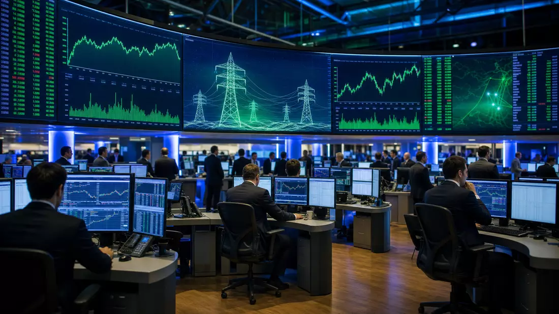 Trading-Floor mit großen Bildschirmen und Energiesektor-Charts