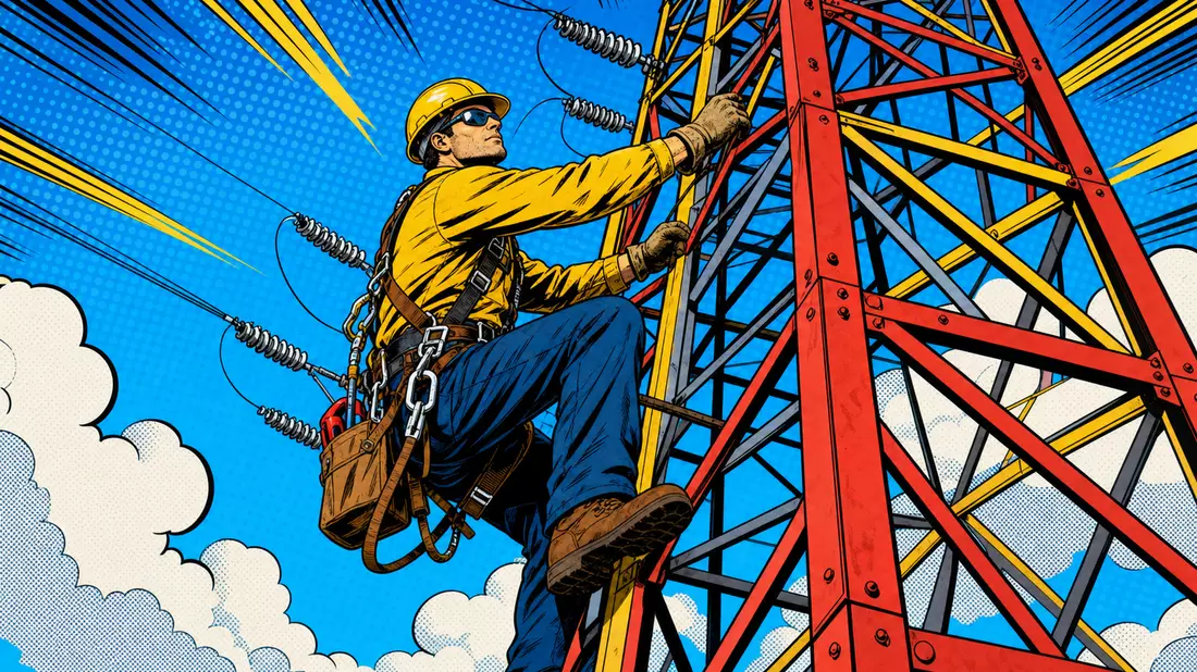 Pop-Art-Comic mit Techniker an farbigem Hochspannungsmast vor Himmel