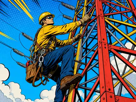 Elia Group S.A., ISIN BE0003822393, im Pop-Art-Comic-Stil mit heldenhaftem Techniker an buntem Hochspannungsmast - Foto: THN