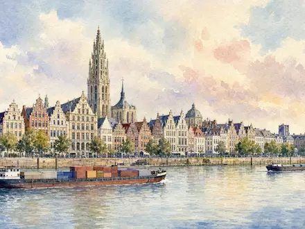 Ackermans & van Haaren N.V. (BE0003764755) präsentiert Firmensitz als malerische Aquarell-Stadtansicht mit weichen Pastellfarben und - Foto: THN