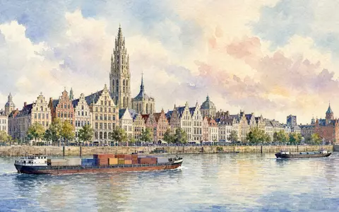 Ackermans & van Haaren N.V. (BE0003764755) präsentiert Firmensitz als malerische Aquarell-Stadtansicht mit weichen Pastellfarben und - Foto: THN