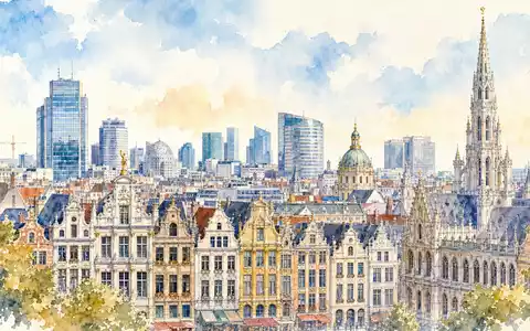 Syensqo S.A. (BE0003851681) präsentiert Firmensitz als malerische Aquarell-Stadtansicht mit weichen Pastellfarben und feinen Konturen - Foto: THN