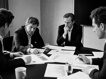 Sofina S.A. (BE0003717312) illustriert dokumentarisch Fondsmanager bei Besprechung von Portfolio-Charts in Schwarzweiß - Foto: THN
