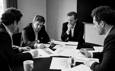 Sofina S.A. (BE0003717312) illustriert dokumentarisch Fondsmanager bei Besprechung von Portfolio-Charts in Schwarzweiß - Foto: THN