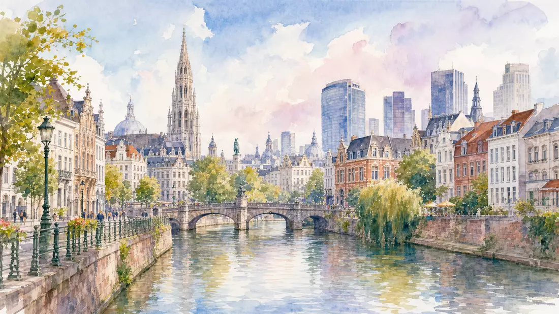Aquarellmalerei der Brüsseler Altstadt mit Türmen und Fluss im Vordergrund