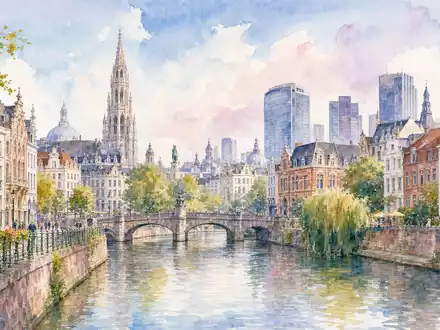 Sofina S.A. (BE0003717312) präsentiert Brüssel als Stadtansicht in zarter Aquarell-Malerei am Fluss - Foto: THN