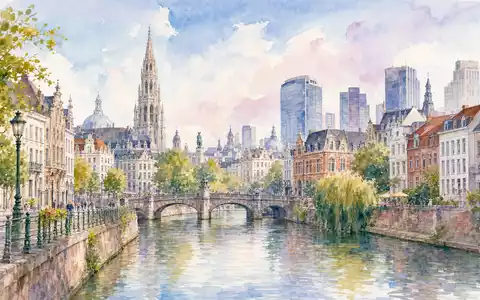 Sofina S.A. (BE0003717312) prĂ€sentiert BrĂŒssel als Stadtansicht in zarter Aquarell-Malerei am Fluss - Foto: THN