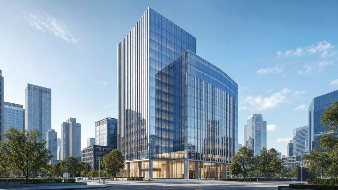 3D-Architekturrender eines modernen Glas-Hochhauses in urbaner Skyline